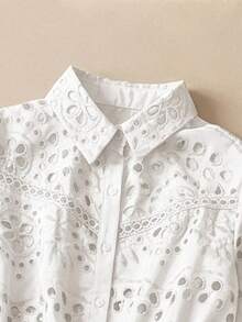 Muvela Women's Elegant Summer White Floral Hollow Embroidered Shirt,Short Sleeve Button Front Elastic Waist Top,Holiday Vacation Vintage Academic Style - White - View 4