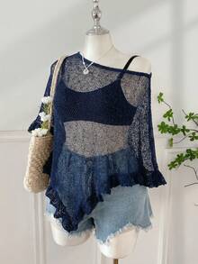SHEIN EZwear 大码女式不对称下摆休闲套头毛衣，日常百搭 - 藏蓝色 - 查看 3