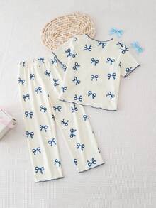 Bộ đồ ngủ mùa xuân/hè cho bé gái, màu xanh dương, cổ tròn, in hình bướm, gồm áo và quần, kiểu dáng thời trang thường ngày, thích hợp mặc ở nhà. - Nhiều màu - Xem 2