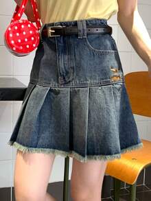 DAZY Chân váy denim nữ kiểu dáng thường ngày có túi và viền bèo nhún. - Màu xanh lam - Xem 6