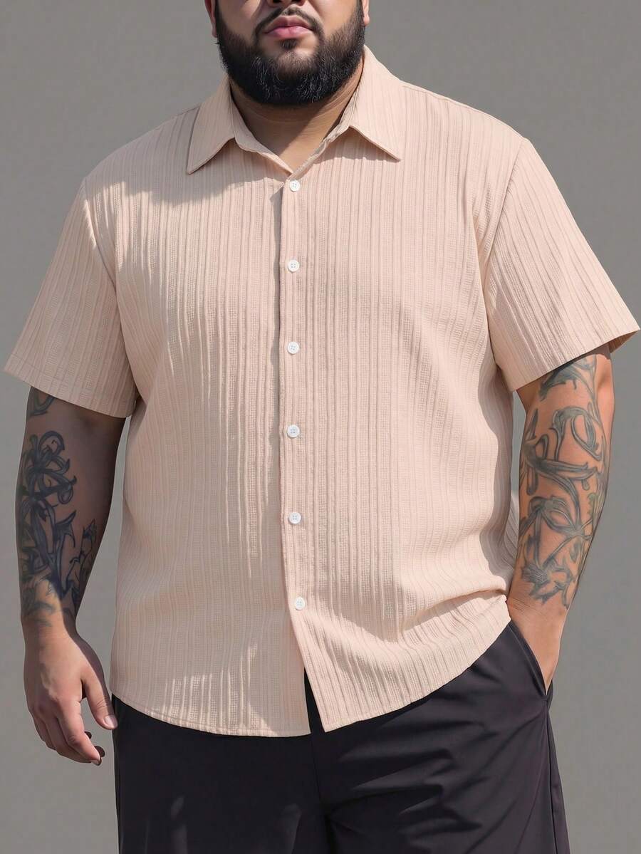 Manfinity Homme Camisa casual de trabajo de manga corta y un solo pecho de unicolor para hombres de talla grande - Albaricoque - Ver 1