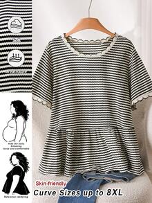 SHEIN CURVE+ Plus Size Women's Striped Loose Short Sleeved Top, Casual Women's Clothing, Plus Size Doll Shirt Striped Top Women Curve Size Tops Women - Black and White - View 1