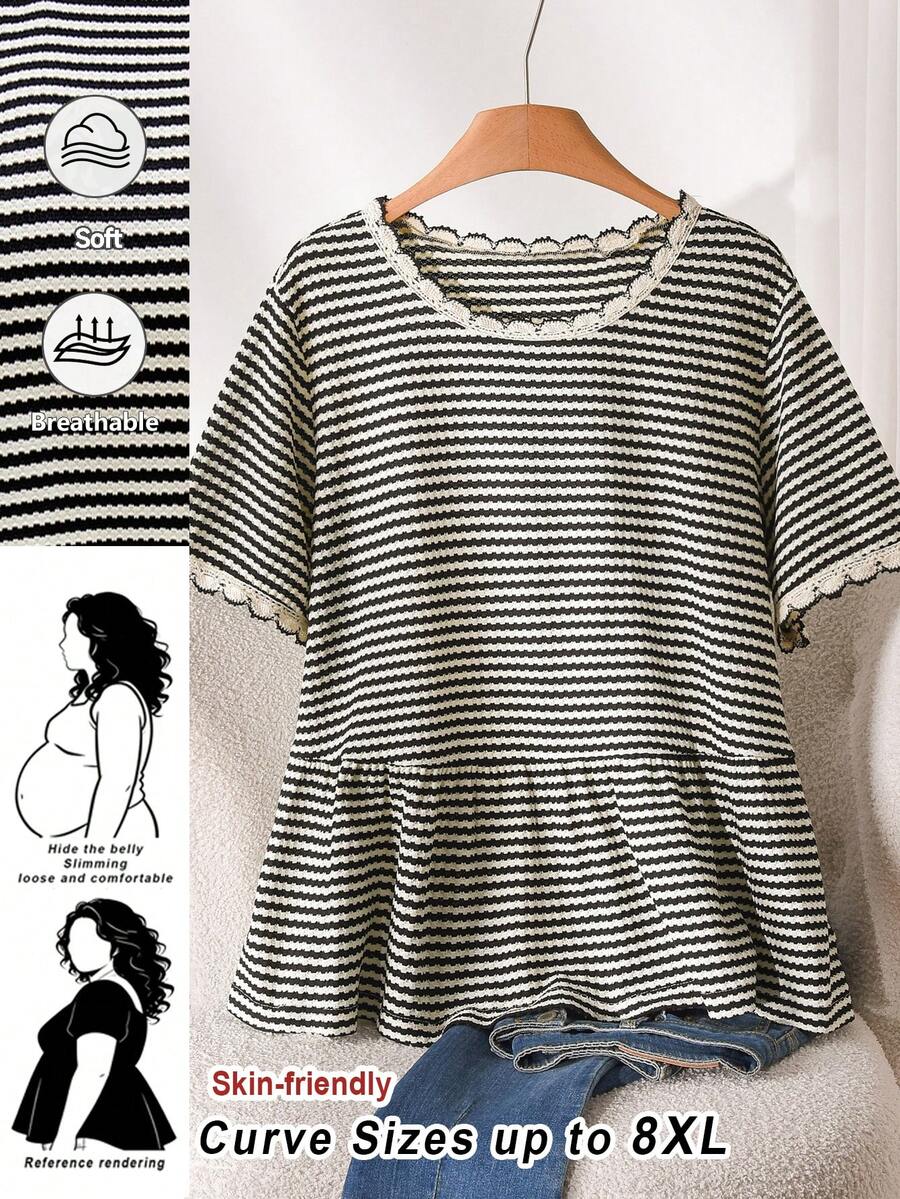 SHEIN CURVE+ Plus Size Women's Striped Loose Short Sleeved Top, Casual Women's Clothing, Plus Size Doll Shirt Striped Top Women Curve Size Tops Women - Black and White - View 1