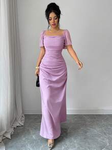 SHEIN Elenzya Square Neck Waist Cinched Elegant Romantic Refined Women's Dress, Short Sleeve - Mauve Purple - View 3