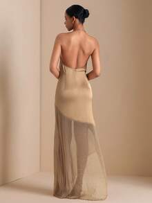 Vesra Women's Solid Color Plunging Neck Mesh Hem Dress - Khaki - View 2