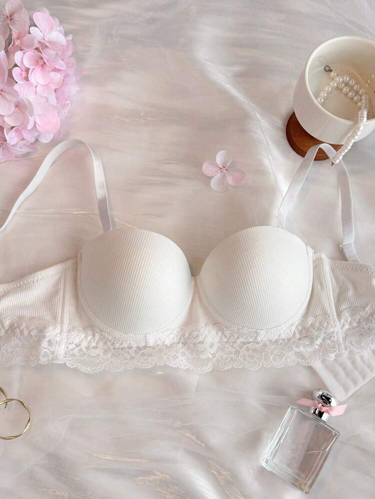 Lace Patchwork Adjustable Spaghetti Strap Slight Push-Up Bra For Women