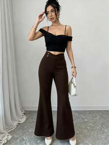 Modelyn Pantalones de pierna acampanada de cintura alta y ajuste delgado para mujer, para primavera/verano - Café integral - Ver 4