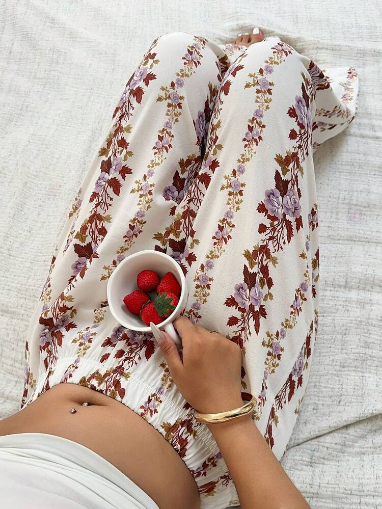 Dazy Plus Plus Size Women's Loose Floral Print Pajama Pants, Vacation Plant Allover Print Sleepwear Bottoms, Spring/Summer