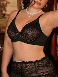Divavoom Plus Size Lace Contrast Mesh Underwire Sexy Bra - Black - View 7