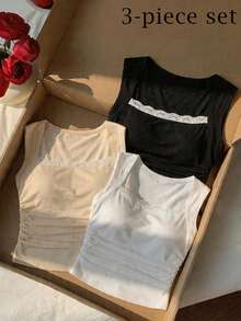 Comfortcana 3pcs Women's Casual Versatile Lace Trim Camisole, 95% Cotton Fitted Ruched Waist Sleeveless Top, Suitable For Spring And Summer - Multicolor - View 1