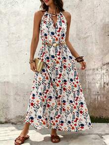 SHEIN LUNE White Floral Summer Boho Sexy Vacation Holiday Sleeveless Metal Buckle Detail Hollow Out Pleated Maxi Dress For Women Beach Golf Outfit Casual Dress - Apricot - View 5