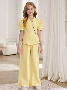 SHEIN Bộ 2 món cho bé gái: Áo tay cánh hoa cài chéo, gấu quần xếp ly và quần ống rộng thẳng. - Màu vàng - Xem 6