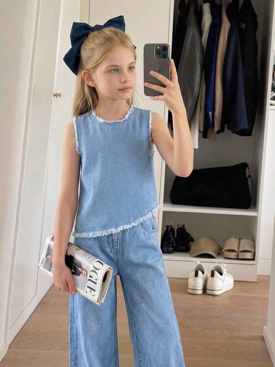 2pcs Young Girl' Soft Cotton Denim Outfit, Casual Cute Fringe Trim Asymmetric Hem Loose Fit Relaxed Fit Washed Denim Set, Suitable For Daily Wear And Vacation - Light Wash - View 1
