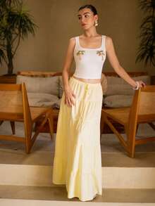 Andrea Bello Chân váy xòe bồng đơn giản co giãn nhẹ - Màu vàng - Xem 6