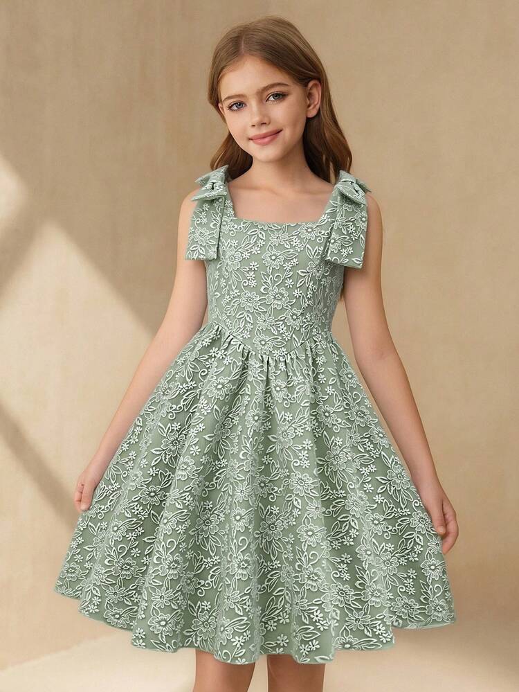 SHEIN Girls' Elegant Jacquard Floral Dress With Detachable Bow Strap Tween Spring Dress Spring Dresses For Girls Youth Girl Clothes Easter Dresses For Tweens Kids Dresses Girls Tea Party Dresses For Girls Vintage Dress For Girls Kids Dresses Girls 13 To 14 - Green - View 1