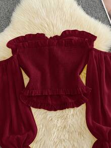 Franclia Top corto con volantes, hombros descubiertos, botones de perlas falsas y mangas acampanadas en estilo retro francés rosa - Burdeos - Ver 3