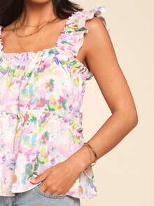 Coeurva Women's Elegant Boho White Floral Print Sleeveless Top,Comfortable Square Neck Summer Blouse,Cute Girly Tops For Holiday Vacation,Daily Casual Wear - Purple - View 12