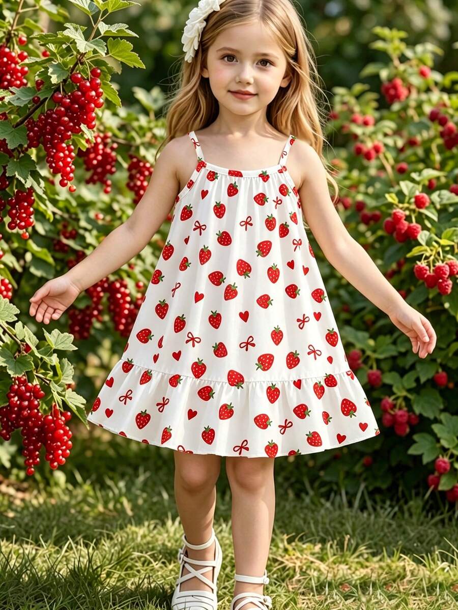 SHEIN 1 chiếc đầm không tay in hình dâu tây năng động và ngọt ngào cho bé gái 4-7 tuổi, chất liệu nhẹ, kiểu dáng sinh động và bắt mắt, phù hợp cho kỳ nghỉ biển/mặc thường ngày, mùa hè. - Nhiều màu - Xem 1
