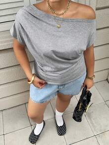 Dazy Plus Plus Size Women's Casual Off-Shoulder Ruched Fitted Short Sleeve T-Shirt, Spring/Summer Holiday - Grey - View 6