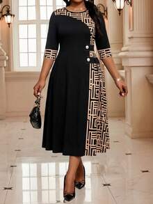 SHEIN Lady CURVE Đầm ngắn tay cổ tròn in họa tiết hình học dành cho nữ cỡ lớn - màu đen - Xem 7