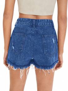 SHEIN Holidaya Shorts vaqueros de talle alto versátiles y desgastados, para el verano - Azul - Ver 2