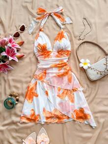 Soleia Đầm ngắn gợi cảm kiểu vintage ombre cổ chữ V buộc dây bằng vải lưới xếp ly bất đối xứng, thích hợp cho kỳ nghỉ của phụ nữ. - trái cam - Xem 3