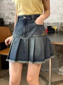 DAZY Chân váy denim nữ kiểu dáng thường ngày có túi và viền bèo nhún. - Màu xanh lam - Xem 7