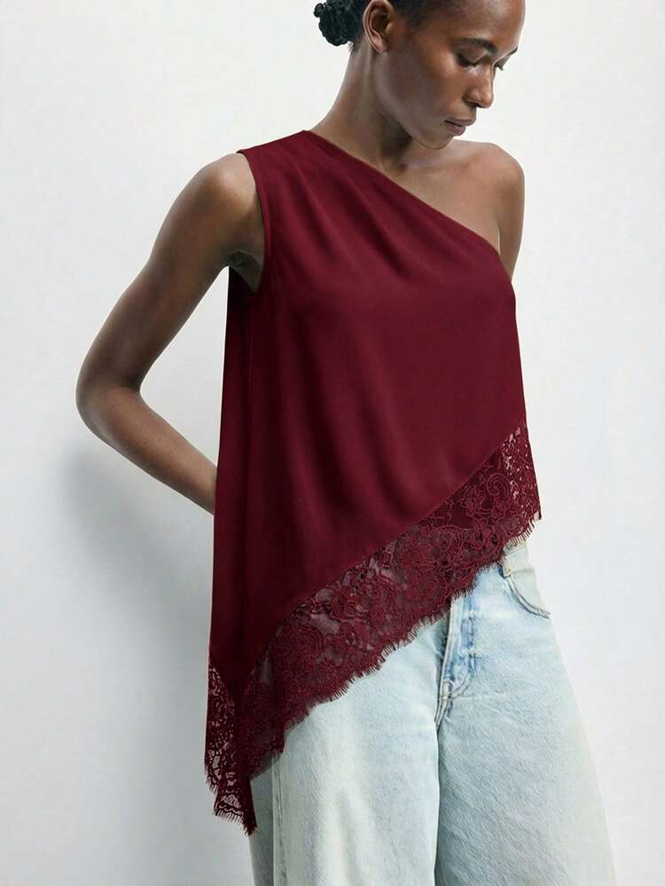 SHEIN Maija 2026 Spring/Summer Early Autumn Independence Day July Outfit Women's Off-Shoulder Design Modern Urban Ladies Summer Oblique Shoulder Solid Color Pleated Sleeveless Casual Top