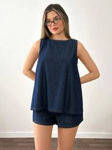 SHEIN Top & Short Two Pieces Denim Set - Dark Wash - View 5