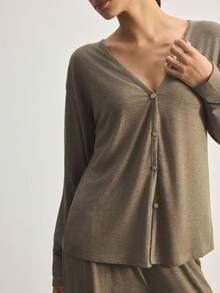 Ocili Minimalist Comfortable Collarless Soft Pajama Set For Women - Mocha Brown - View 4