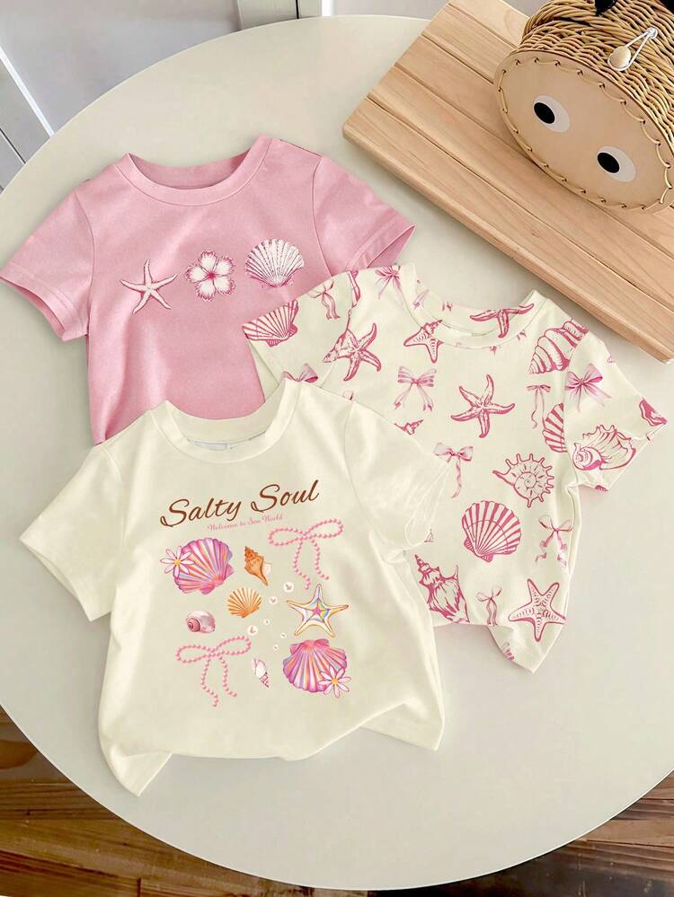 3pcs Young Girl Casual Pink & Apricot Allover Print Graphic Tees Set, Featuring Shell, Butterfly, Letter Prints, Suitable For Summer School, Home, Outdoor Gathering, Cute Korean Style Girls Clothing - Multicolor - View 1