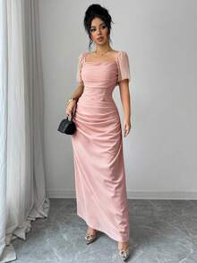 Nuevo 2026 Vestido elegante y romántico para mujer con cuello cuadrado y cintura ceñida, de manga corta - Rosa coral - Ver 4