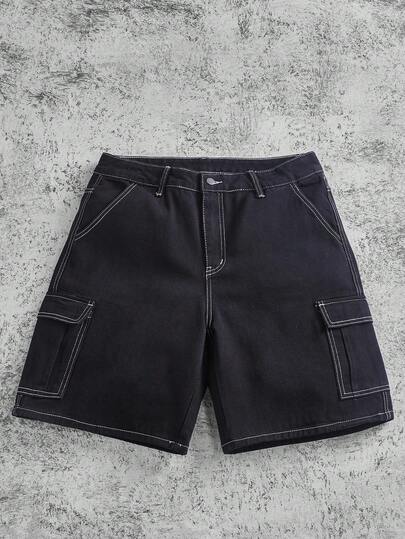 Manfinity Homme 鬆身男士丹寧短褲，帶翻蓋口袋和側邊設計的寬鬆舊化牛仔短褲，面基本休閒款式