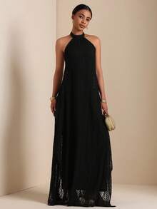 Vesra Women's Solid Color Elegant Party Halter Dress - Black - View 5