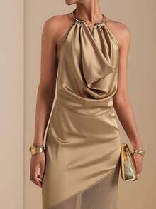 Vesra Women's Solid Color Plunging Neck Mesh Hem Dress - Khaki - View 4