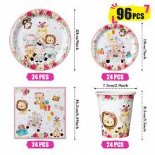 Platos, servilletas y vasos desechables con borde rosa y animales de la jungla, set de suministros para fiestas, sirve a 24 personas, vajilla de papel desechable para fiestas, adecuado para cumpleaños, bodas, fiestas temáticas, picnics familiares. - Ver 2
