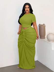 Maweii Plus Size Sexy Fitted Beach Ruched Skirt 2 Pieces Set - Green - View 1