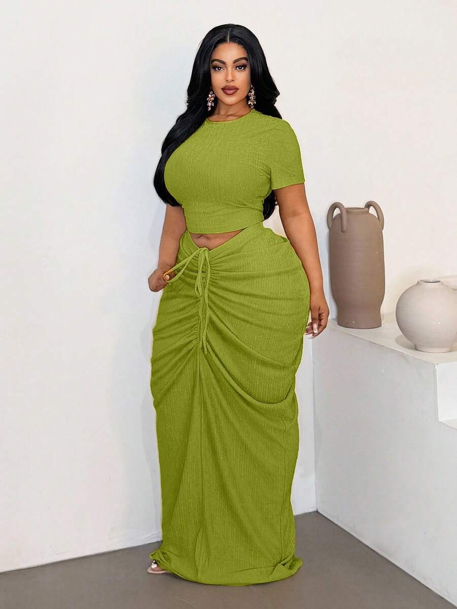 Maweii Plus Size Sexy Fitted Beach Ruched Skirt 2 Pieces Set - Green - View 1