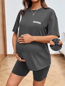 SHEIN 2pcs Maternity Letter Print Casual Short Sleeve T-Shirt And Adjustable Waist Shorts Set Maternity Sets Outfit For Pregnant Women Maija Women Clothing 2piece Outfit For Women Set Casual Pijams Summer Set For Woman - Grey - View 1