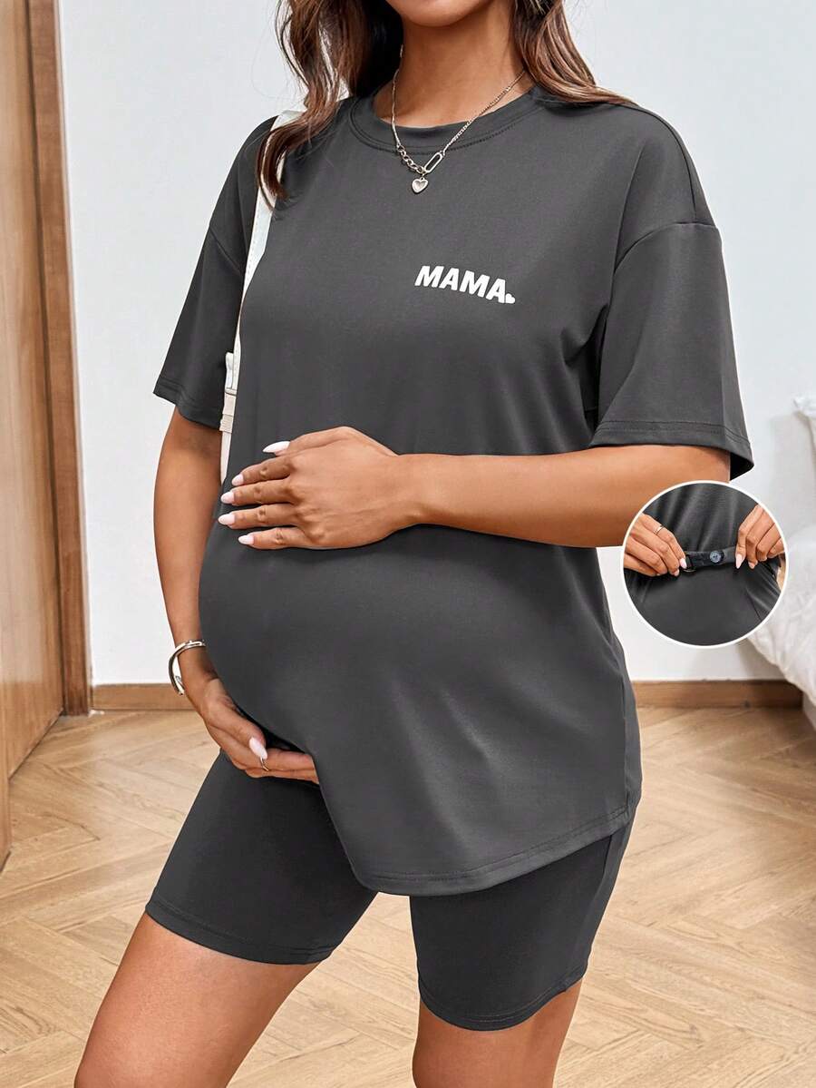 SHEIN 2pcs Maternity Letter Print Casual Short Sleeve T-Shirt And Adjustable Waist Shorts Set Maternity Sets Outfit For Pregnant Women Maija Women Clothing 2piece Outfit For Women Set Casual Pijams Summer Set For Woman - Grey - View 1