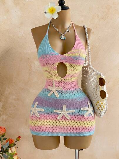 SaltGleam SaltGleam 女士渐变海星装饰针织连衣裙