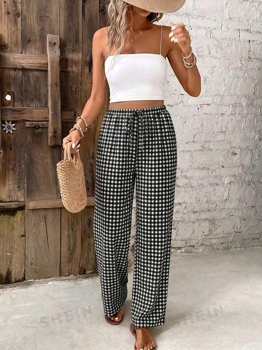 SHEIN Frenchy Quần nữ cạp chun họa tiết kẻ caro cổ điển, thích hợp cho dạo phố, phong cách đường phố, sân bay, thanh lịch, đi làm, nghỉ mát biển, tiệc cưới, lễ hội, phong cách Bohemian. - Nhiều màu - Xem 1