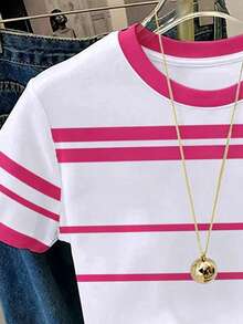 Resyla Camiseta de mujer de manga corta con cuello redondo, estampado de lazo a rayas y contraste de color - Rosa - Ver 4