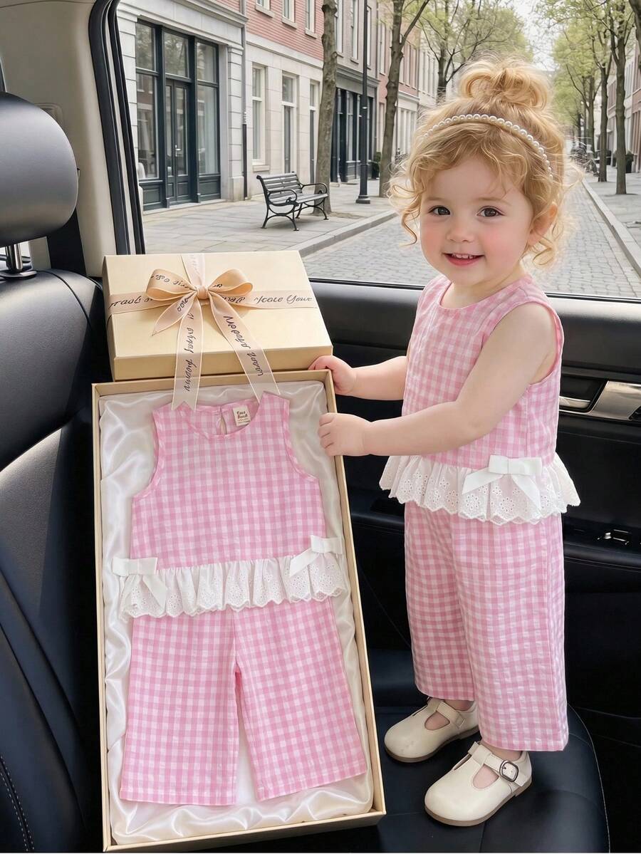 Cozy Pixies Conjunto de verano para bebé niña con top sin mangas con volantes a cuadros rosa y blanco, y pantalones sueltos de cintura elástica - Rosa - Ver 1
