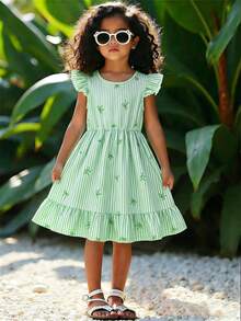 SHEIN Elladie kids 女童优雅条纹蝴蝶结印花圆领喇叭袖露背蝴蝶结装饰腰部荷叶边下摆休闲时尚连衣裙，适合度假旅行，夏季穿着 - 綠色 - 查看 8