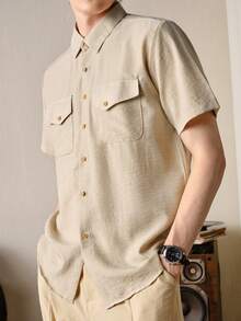 VeloEdit Boxy FitManfinity Nomadique Men's Short Sleeve Shirt Summer Shirt Beach Wear Solid Color Casual Vacation Short Sleeve Shirt Collar Summer Spring Clothing Apparel,Apricot, Men Old Money, Boyfriend/Husband Gift, Father's Day For Father - Apricot - View 6