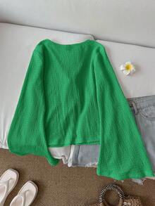 SHEIN LUNE Áo nữ dáng rộng màu trơn, thắt nơ phía trước, tay loe, thích hợp đi nghỉ mát, đi học, làm giáo viên, đi chơi, đi học ở sân bay, phong cách cổ điển, áo nữ tay dài, màu vàng bơ, trang phục nghỉ dưỡng, áo nữ mùa thu thắt nơ phía trước, áo vàng, áo kiểu vàng, áo vàng dễ thương, áo vàng thắt nơ phía trước, áo vàng cổ chữ V, áo sơ mi vàng, áo tay dài màu vàng, phong cách thường ngày. - màu xanh lá - Xem 2