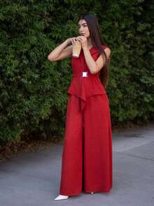 Andrea Bello 20  Summer New Arrival, Suitable For Birthday Party, Back To School, Campus Style, Daily Wear, Casual, Vacation, Cruise Travel, Beach, Sunbathing, Street Style, Elegant, Commute, Business Casual, Sleeveless Asymmetric Hem Blazer Vest And Straight Leg Pants Set, Waist Belt, Metal Buckle, Elastic Waist With Real Pockets, Reddish Brown Color, Women 2 Pieces Summer Outfit - Redwood - View 4