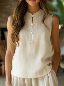 EMERY ROSE Women's Solid Color Mandarin Collar Casual Versatile Daily Wear Shirt - Apricot - View 3