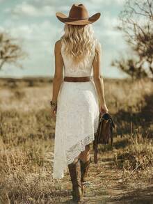 Bohemian Vacation Style Western Festival Lace Fitted Elegant Midi Dress For Women - White - View 2